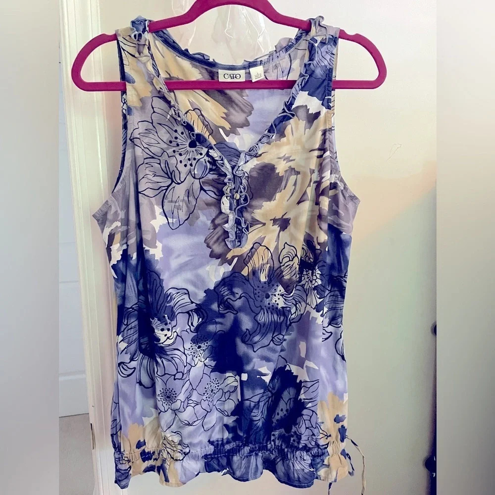 Cato L‎ sleeveless 100% cotton top Floral designs Drawstring & ruffles & gathers